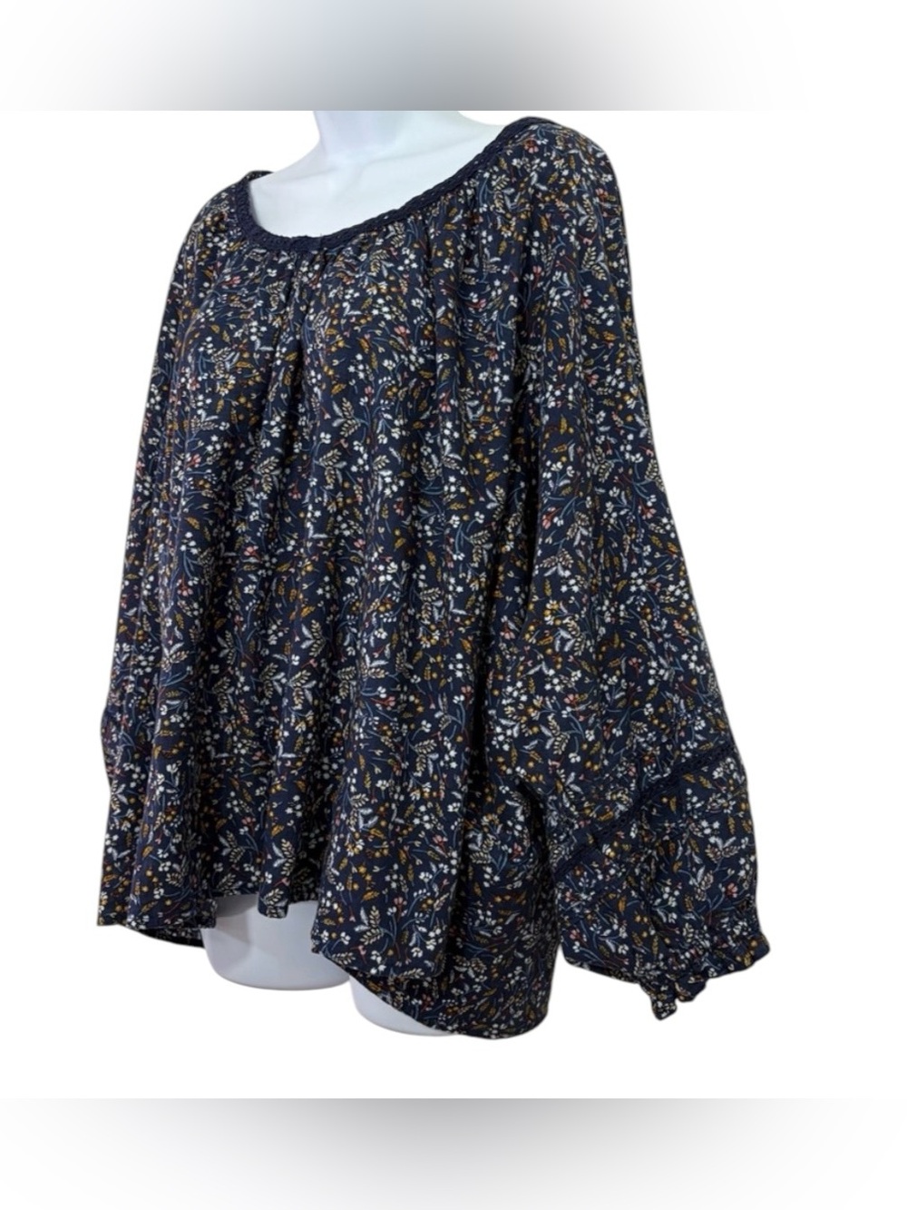 a.n.a A New Approach 3X Navy Floral Boho Peasant Blouse Balloon Sleeve Cotton